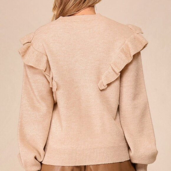 LUMIERE Neutral Ruffle Detail Sweater, eige Tan,Feminine Statement Knit Pullover - Picture 3 of 5